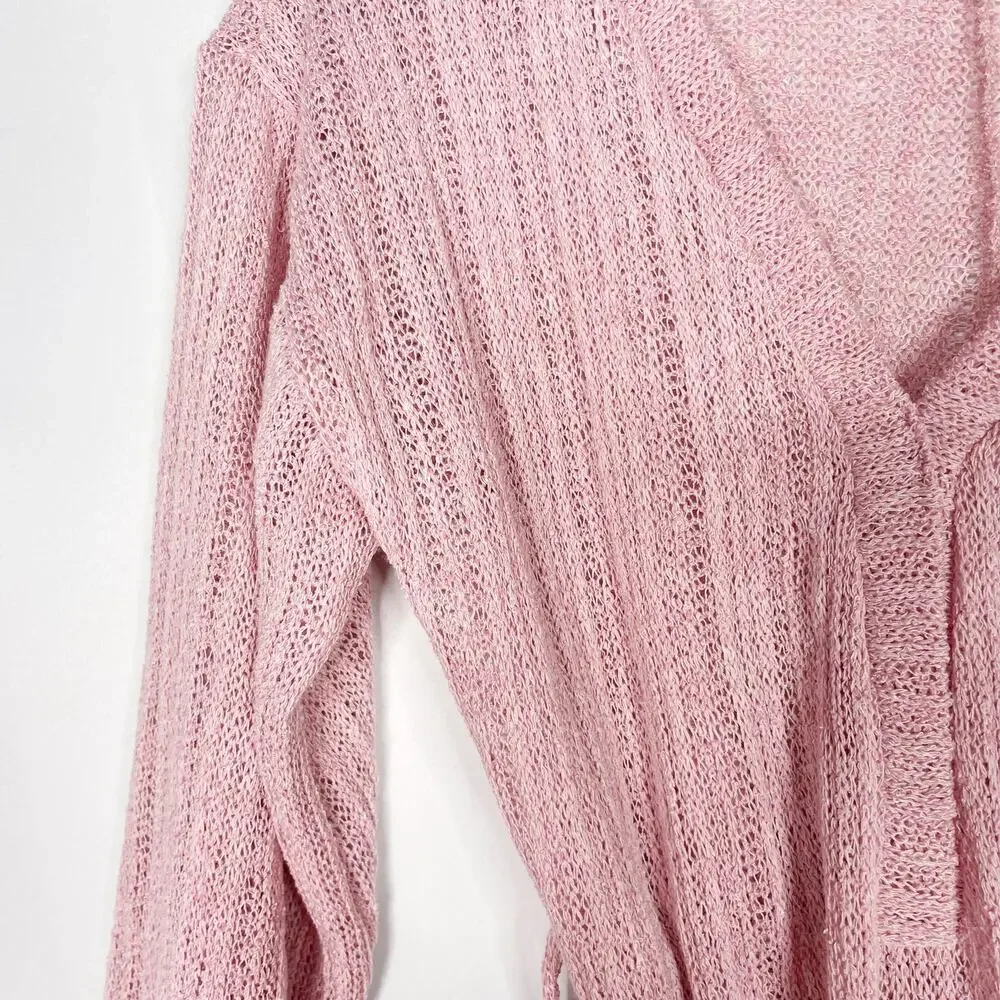 Blue Blush Pink Small S Open Knit Tie Waist Bell Sleeve Romper Cover Up Ribbed